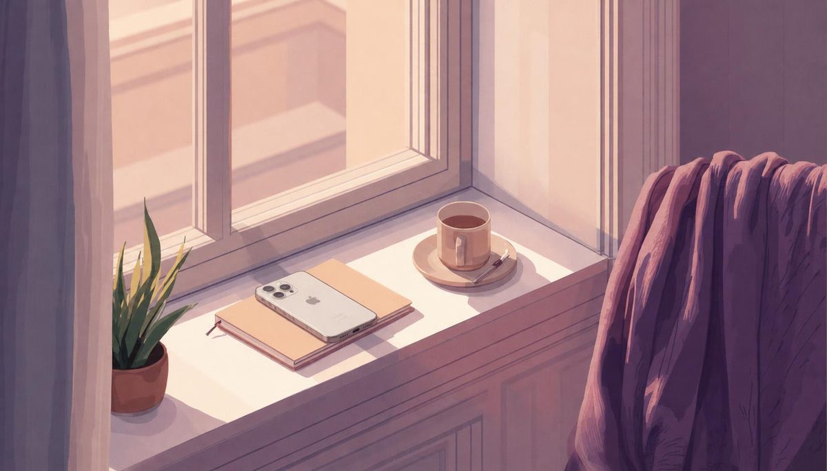 A phone resting on a closed notebook on a sunny windowsill, beside a cup of tea and a small plant.